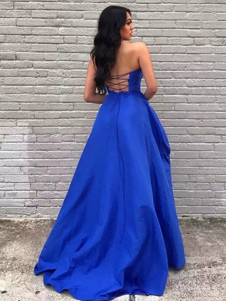 Elegant A-line sweetheart satin slit long heart-shaped collar sleeveless ruffle lace up back Prom Dresses